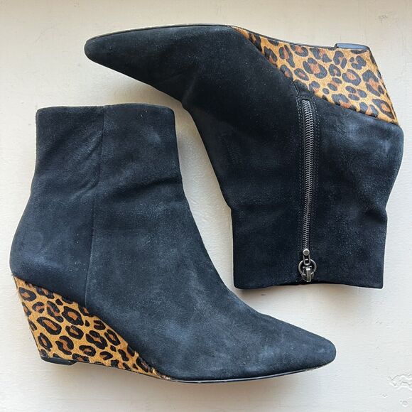 Donald J. Pliner Jae Black Suede & Leopard Calf Hair Wedge Bootie Ankle Boot 8.5 - Picture 15 of 15